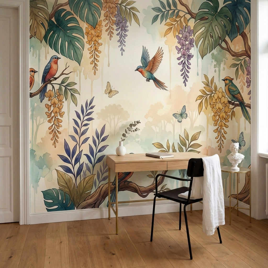 papier peint tropical chic oiseaux exotiques branches florales suspendues tons b-9