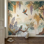 papier peint tropical chic oiseaux exotiques branches florales suspendues tons b-HERO-10