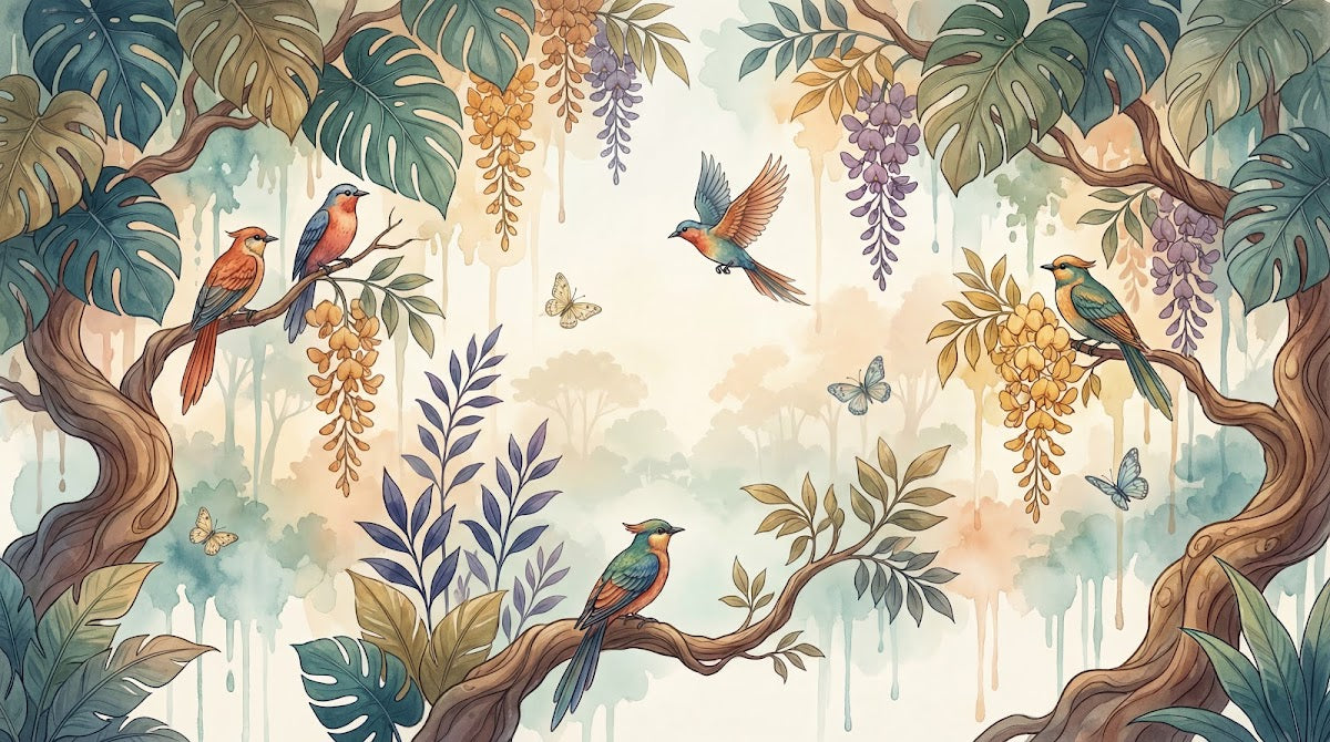 Papier peint panoramique tropical chic - Oiseaux exotiques branches florales suspendues tons beige crème et vert sauge sur mesure - Design