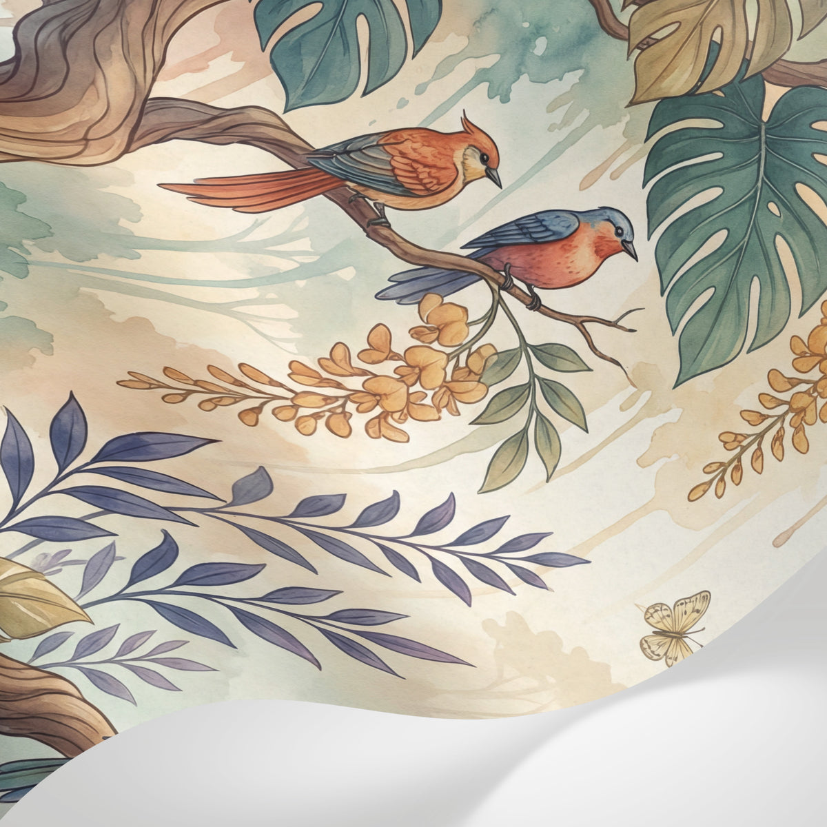 Papier peint panoramique tropical chic - Oiseaux exotiques branches florales suspendues tons beige crème et vert sauge sur mesure - Matière
