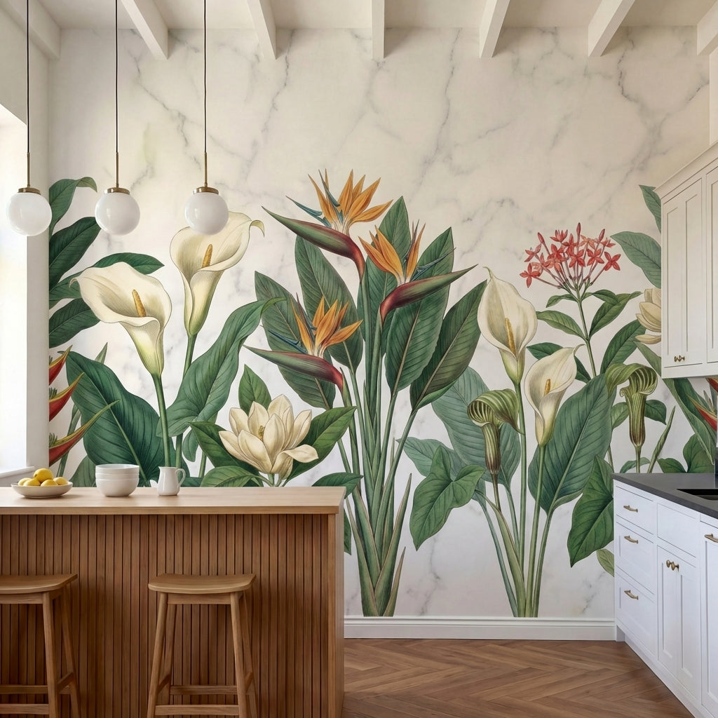 papier peint tropical chic oiseaux paradis arums fleurs exotiques feuillage fond-1