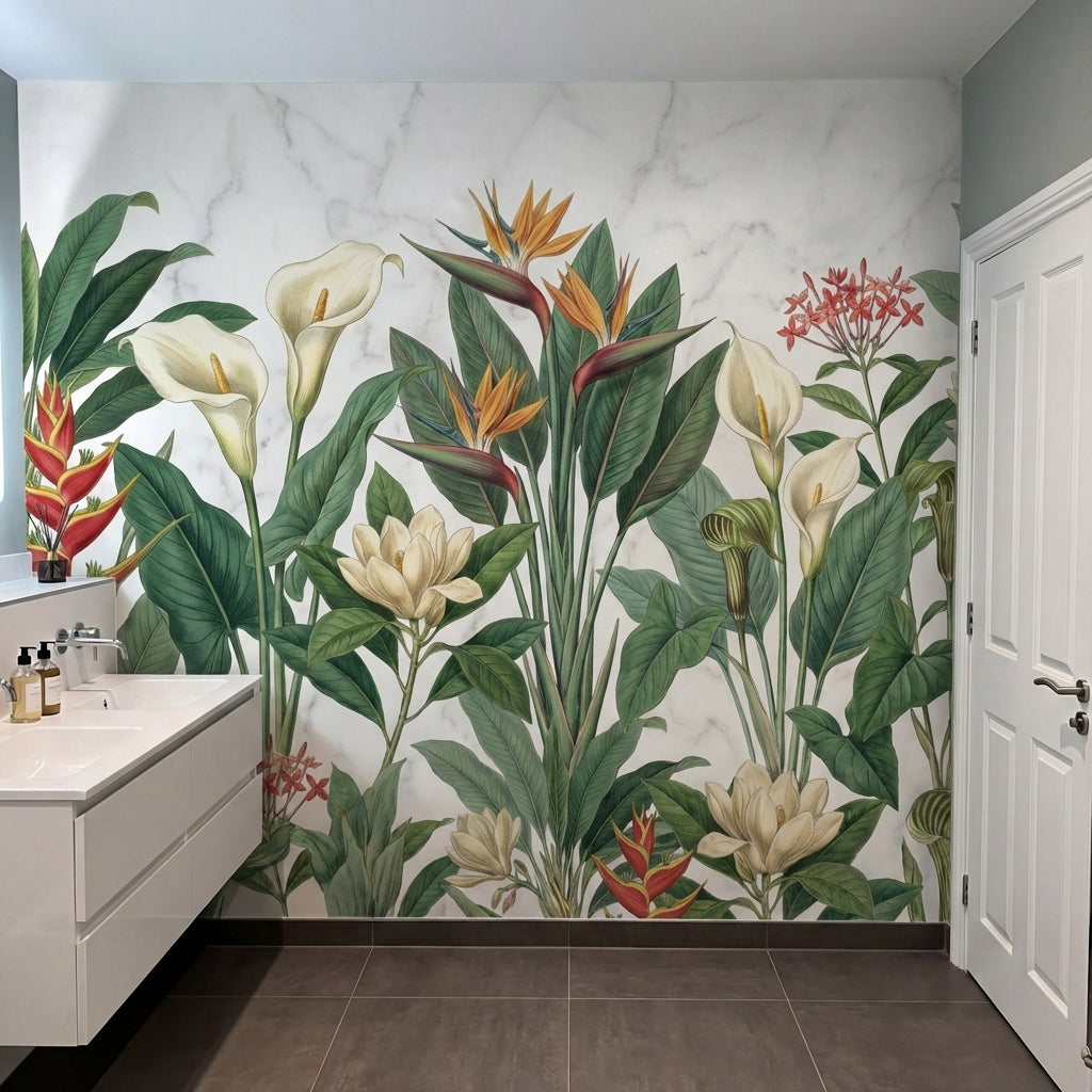 papier peint tropical chic oiseaux paradis arums fleurs exotiques feuillage fond-6