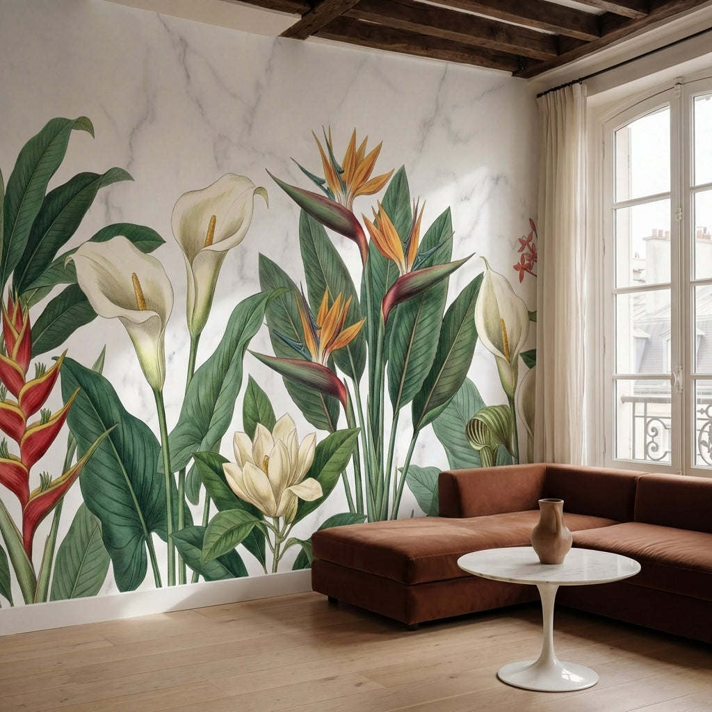papier peint tropical chic oiseaux paradis arums fleurs exotiques feuillage fond-HERO-10