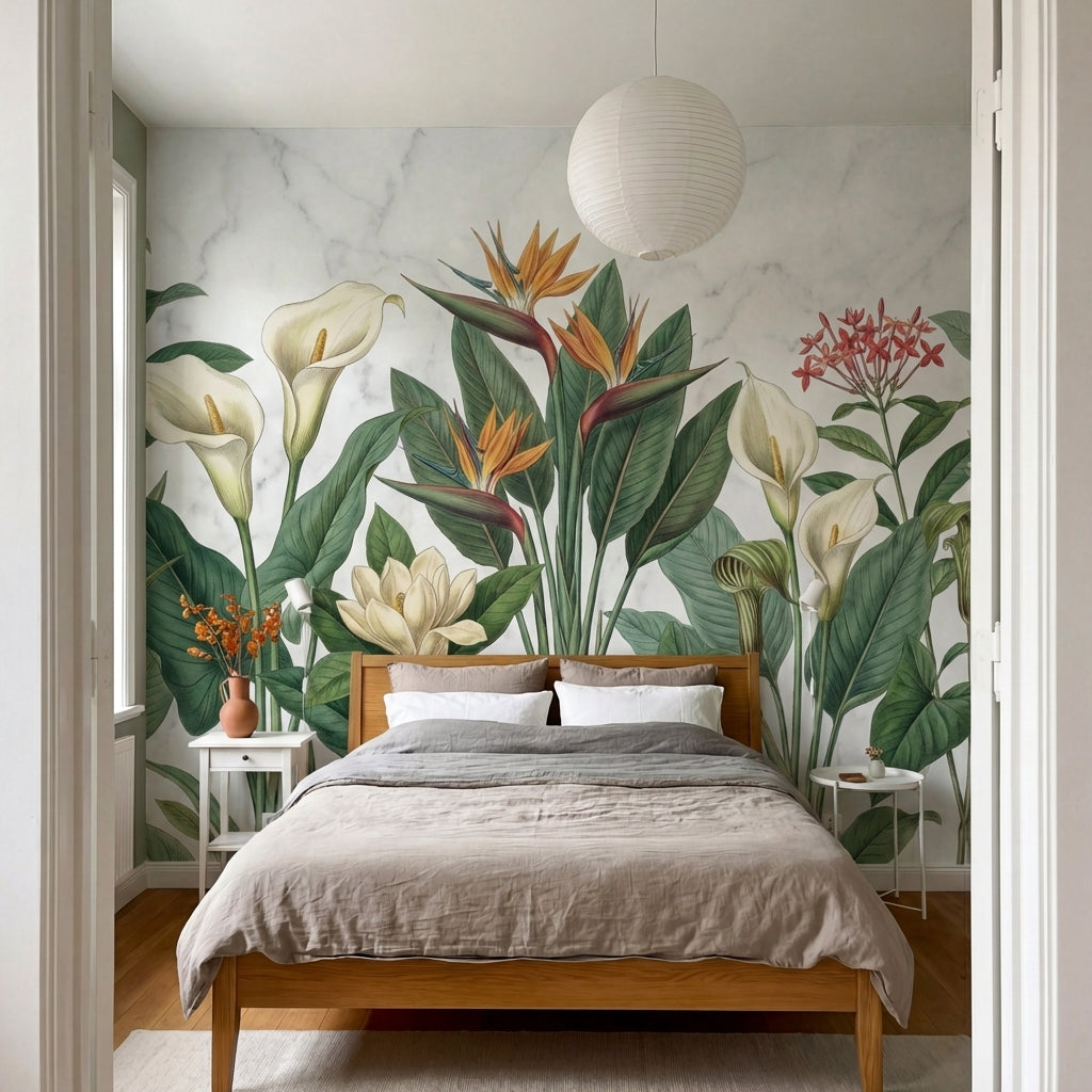 papier peint tropical chic oiseaux paradis arums fleurs exotiques feuillage fond-VARIANTE-10
