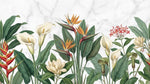 Papier peint panoramique tropical chic - Oiseaux paradis arums fleurs exotiques feuillage fond blanc marbré sur mesure - Design