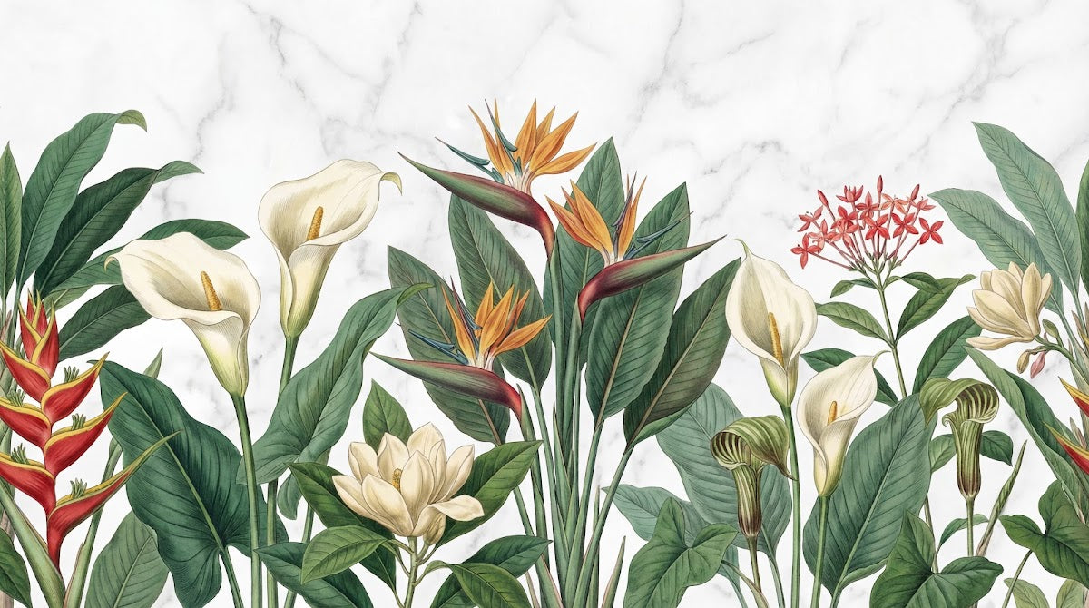 Papier peint panoramique tropical chic - Oiseaux paradis arums fleurs exotiques feuillage fond blanc marbré sur mesure - Design