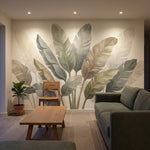 papier peint tropical feuilles palmier bananier stylisees tons beige taupe et bl-10