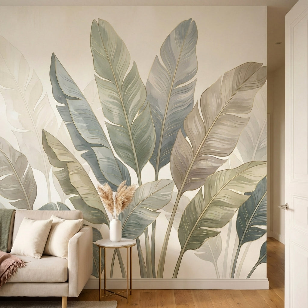 papier peint tropical feuilles palmier bananier stylisees tons beige taupe et bl-3