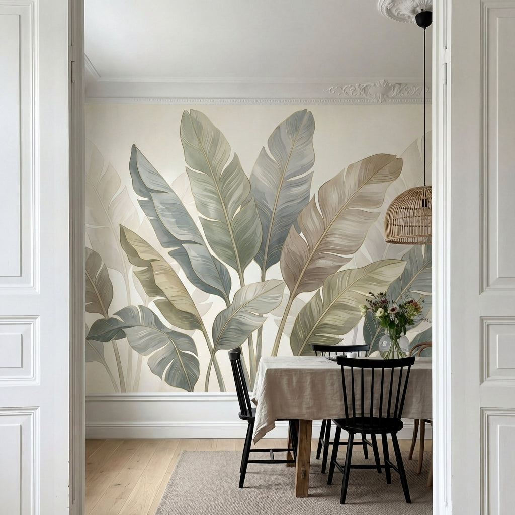 papier peint tropical feuilles palmier bananier stylisees tons beige taupe et bl-9
