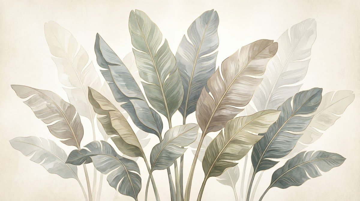 Papier peint panoramique tropical - Feuilles palmier bananier stylisées tons beige taupe et blanc crème sur mesure - Design