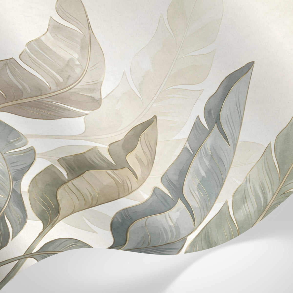 Papier peint panoramique tropical - Feuilles palmier bananier stylisées tons beige taupe et blanc crème sur mesure - Matière