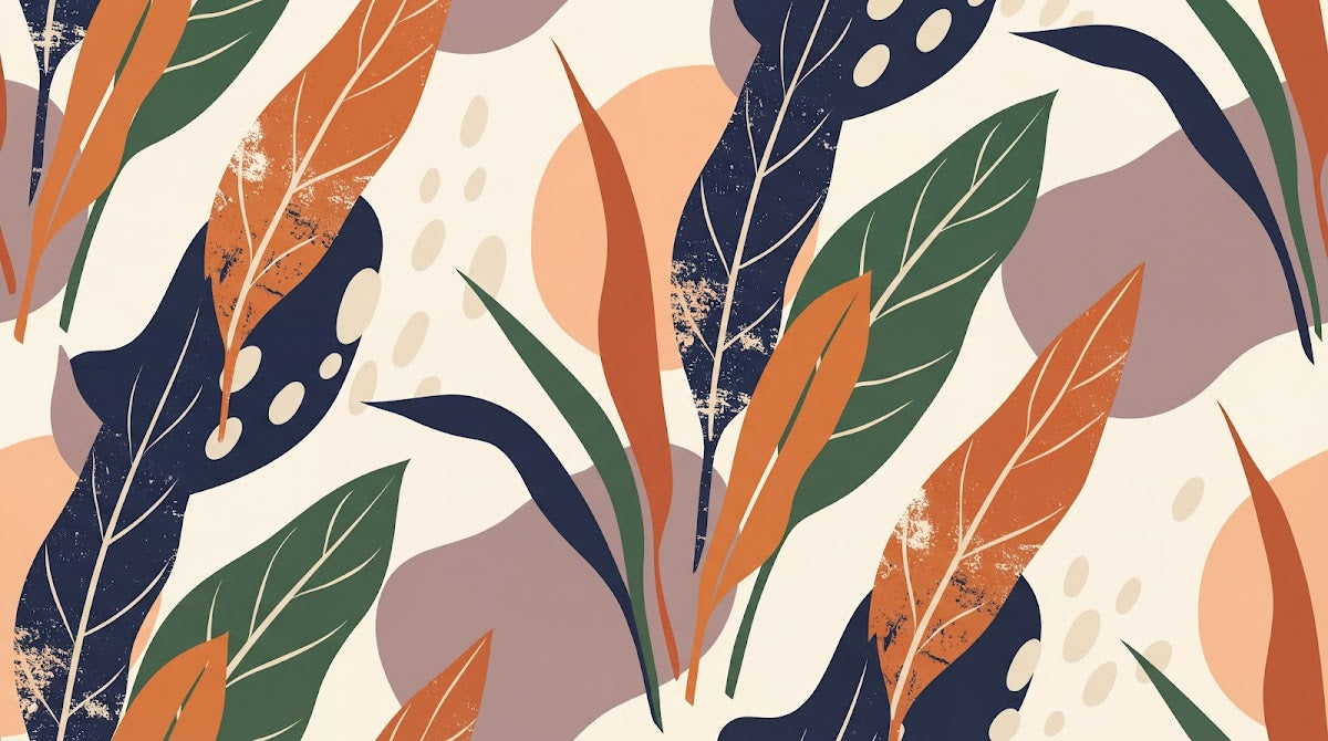Papier peint panoramique tropical - Feuilles palmier bananier superposées tons vert olive orange et crème sur mesure - Design
