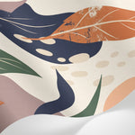 Papier peint panoramique tropical - Feuilles palmier bananier superposées tons vert olive orange et crème sur mesure - Matière