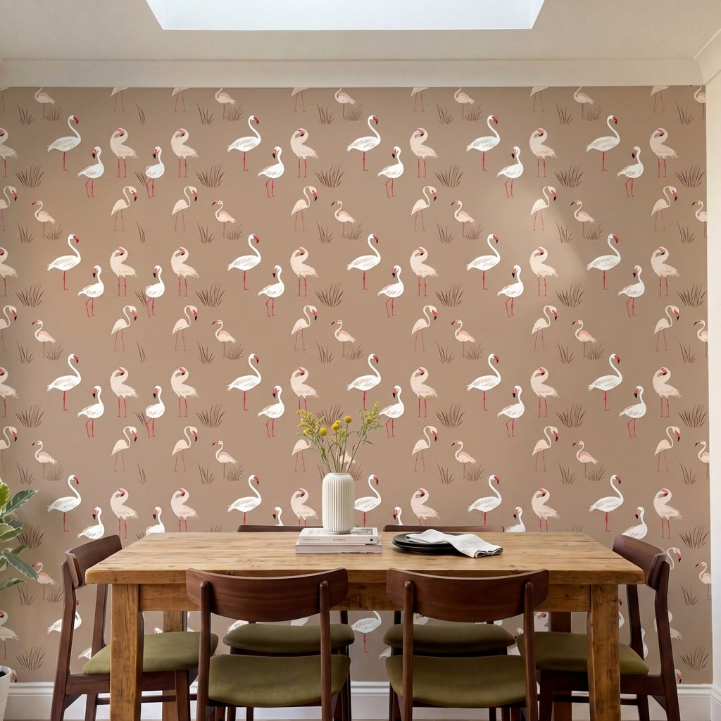 papier peint tropical flamants roses et herbes des marais blanc rose sur fond be-HERO-3
