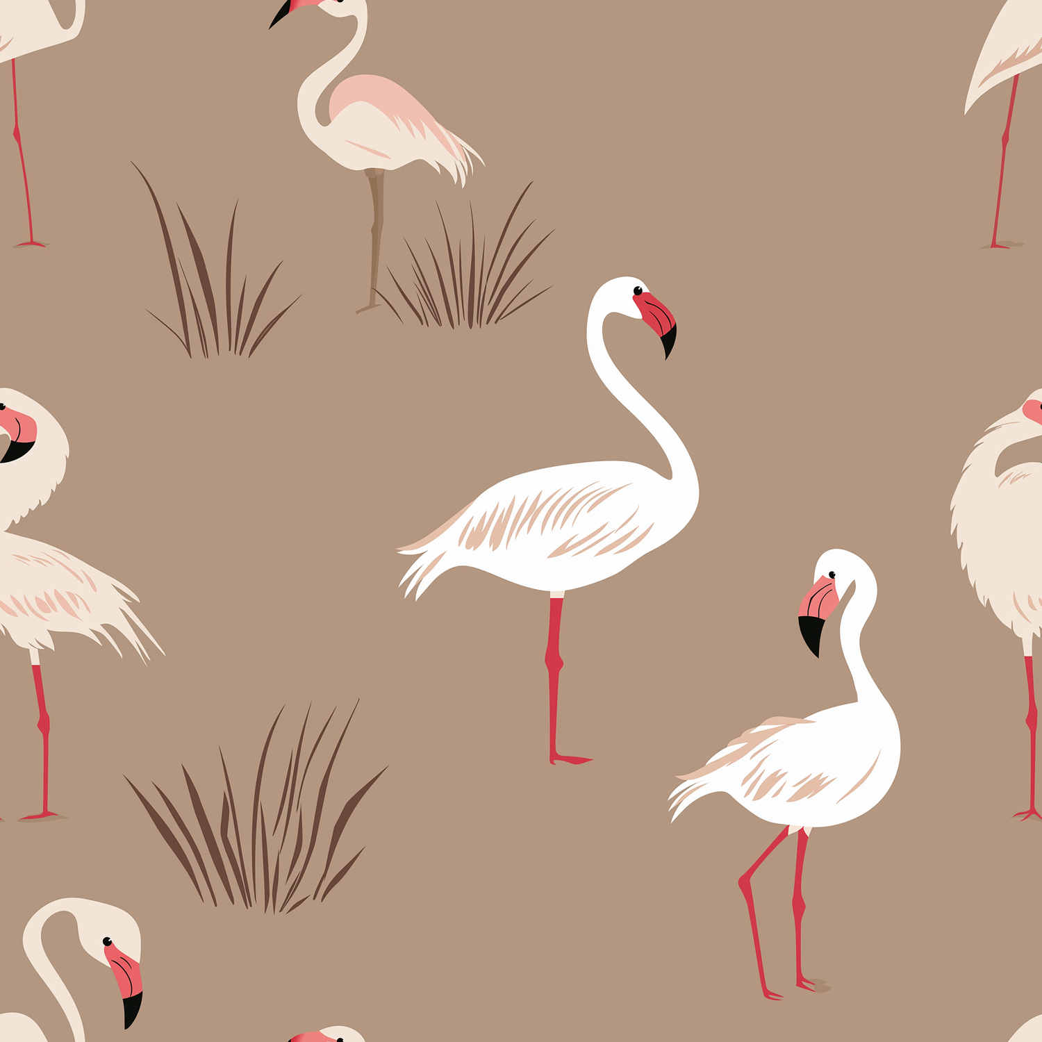 Papier peint motif tropical - Flamants roses et herbes des marais blanc rose sur fond beige taupe - Design