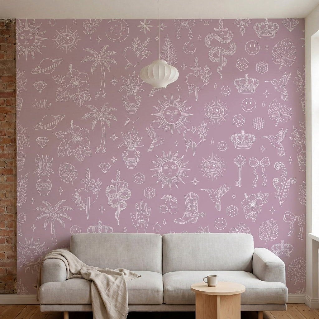 papier peint tropical motifs graphiques blancs feuilles etoiles couronnes fond r-1