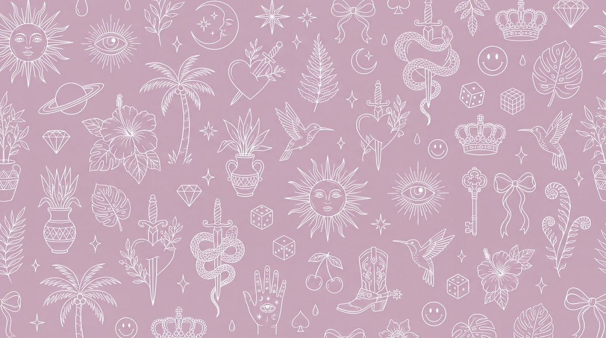 Papier peint panoramique tropical - Motifs graphiques blancs feuilles étoiles couronnes fond rose poudré sur mesure - Design