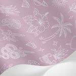 Papier peint panoramique tropical - Motifs graphiques blancs feuilles étoiles couronnes fond rose poudré sur mesure - Matière