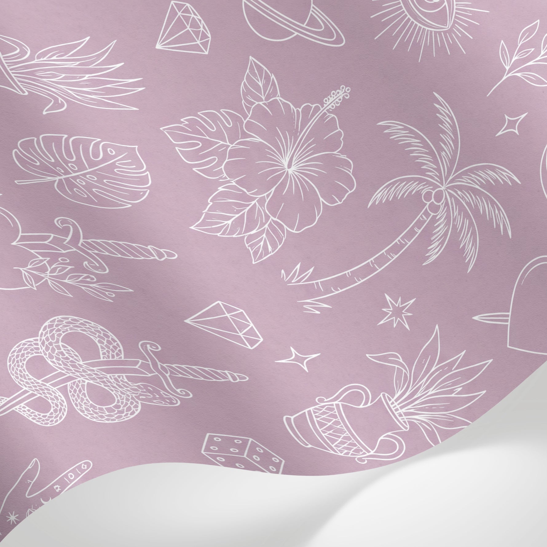 Papier peint panoramique tropical - Motifs graphiques blancs feuilles étoiles couronnes fond rose poudré sur mesure - Matière