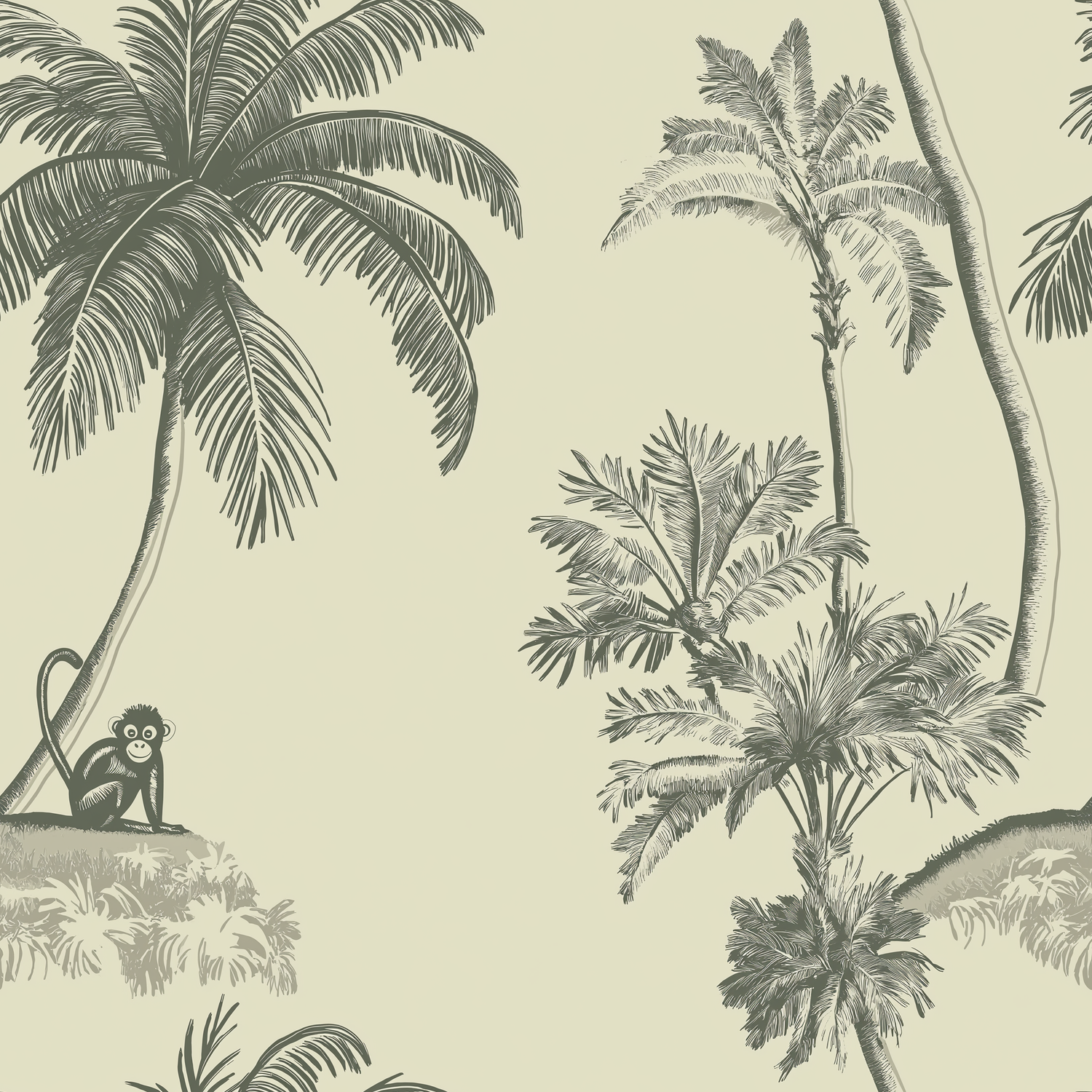 Papier peint motif tropical - Palmiers et singe dans jungle gris sur fond beige - Design