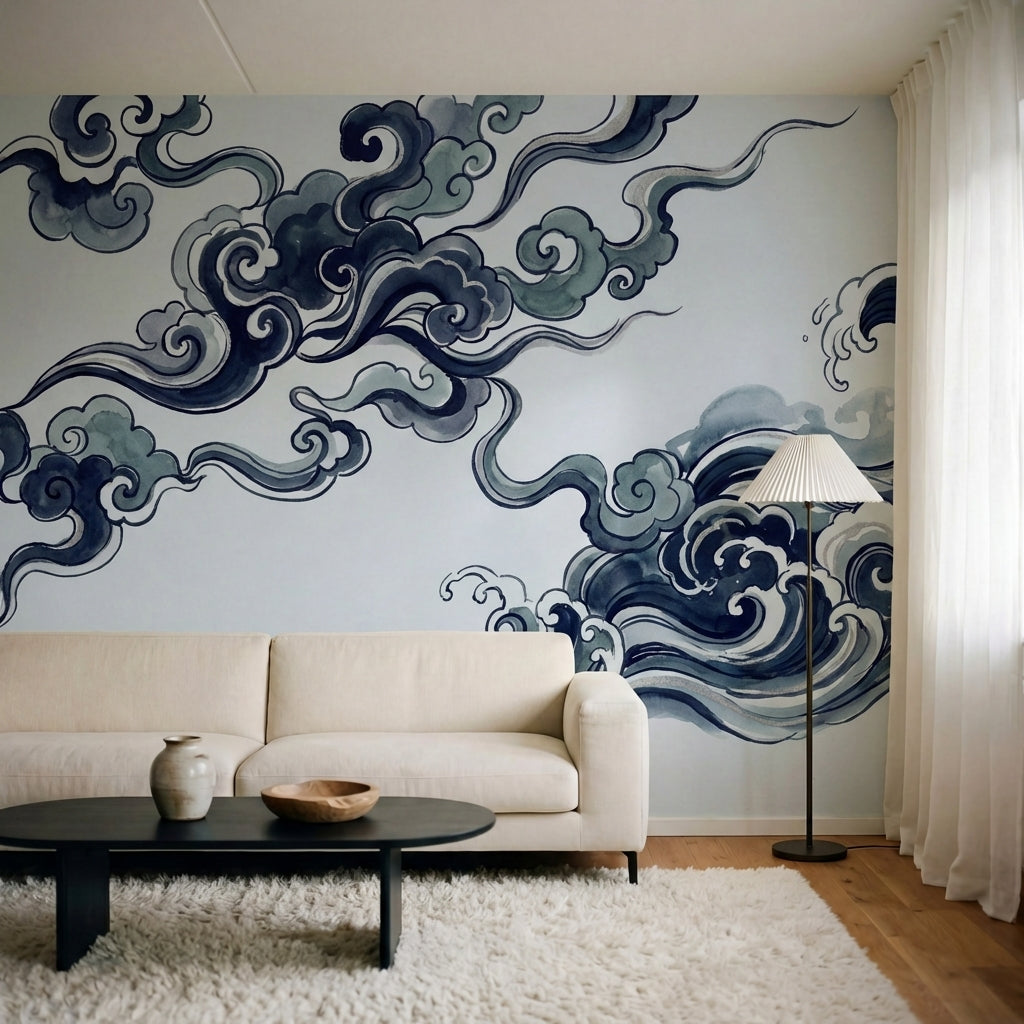 papier peint vagues japonaises nuages stylises tourbillonnants bleu marine gris -1