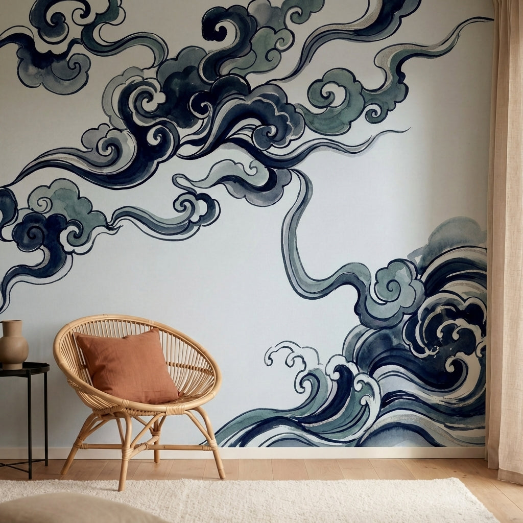 papier peint vagues japonaises nuages stylises tourbillonnants bleu marine gris -4