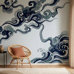 papier peint vagues japonaises nuages stylises tourbillonnants bleu marine gris -4