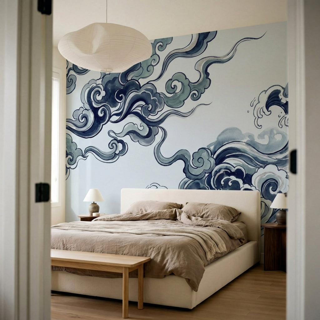 papier peint vagues japonaises nuages stylises tourbillonnants bleu marine gris -7
