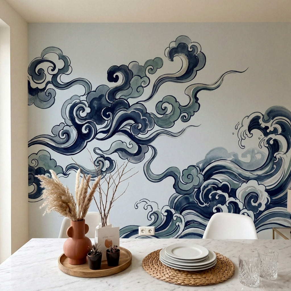 papier peint vagues japonaises nuages stylises tourbillonnants bleu marine gris -9
