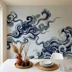 papier peint vagues japonaises nuages stylises tourbillonnants bleu marine gris -9
