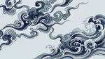 Papier peint panoramique vagues japonaises - Nuages stylisés tourbillonnants bleu marine gris et blanc sur mesure - Design