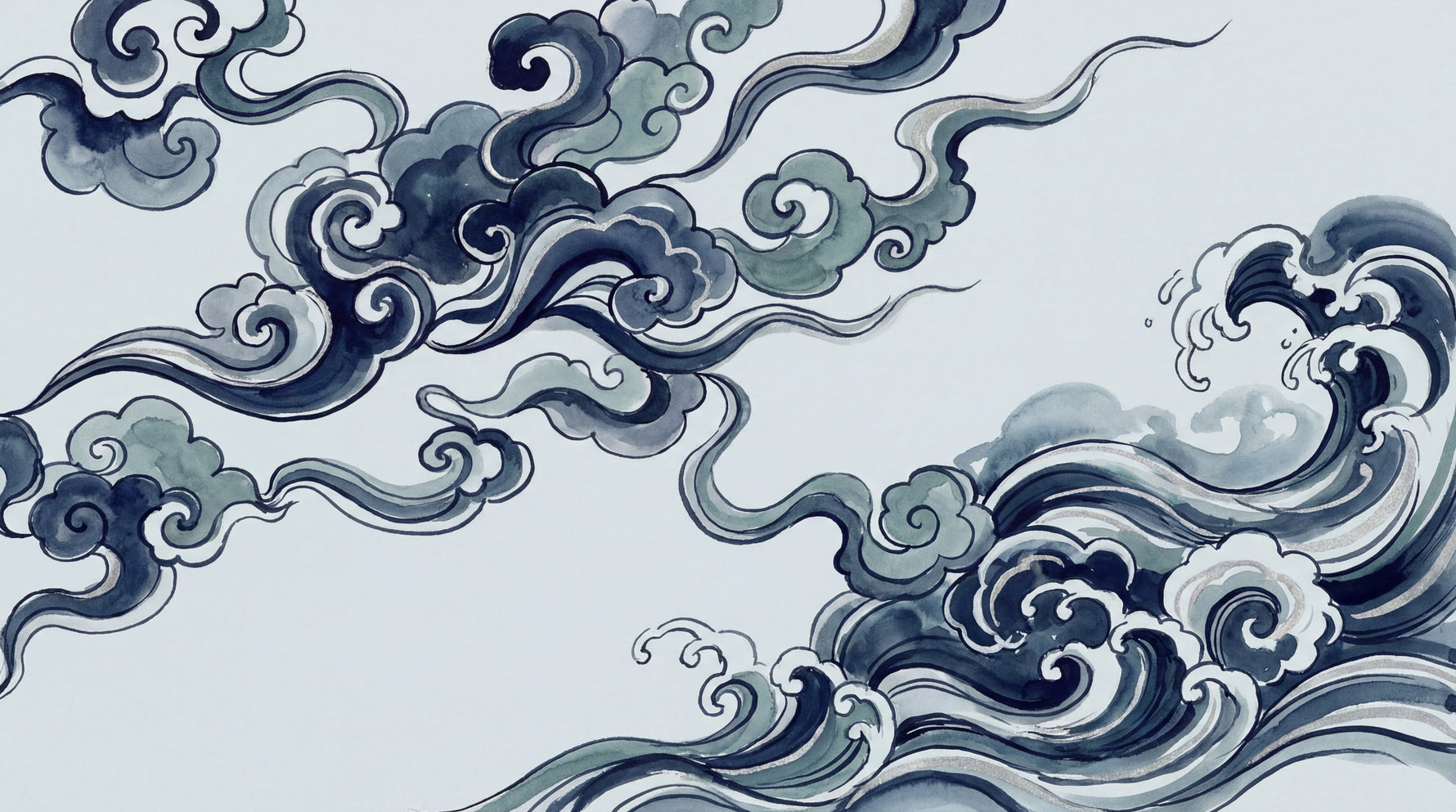 Papier peint panoramique vagues japonaises - Nuages stylisés tourbillonnants bleu marine gris et blanc sur mesure - Design