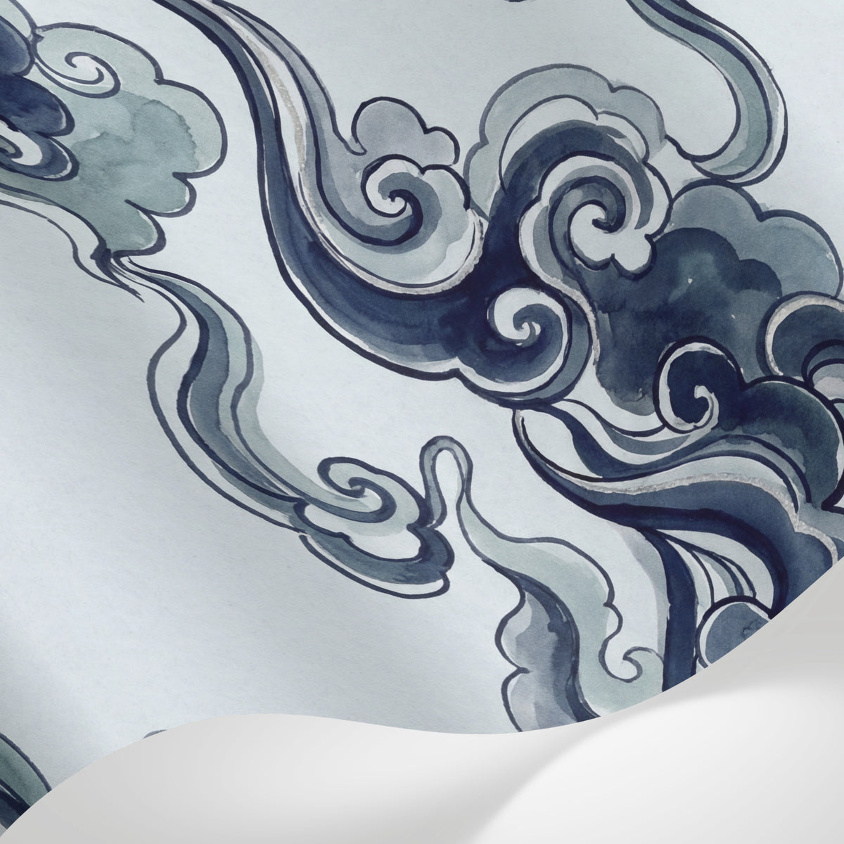 Papier peint panoramique vagues japonaises - Nuages stylisés tourbillonnants bleu marine gris et blanc sur mesure - Matière