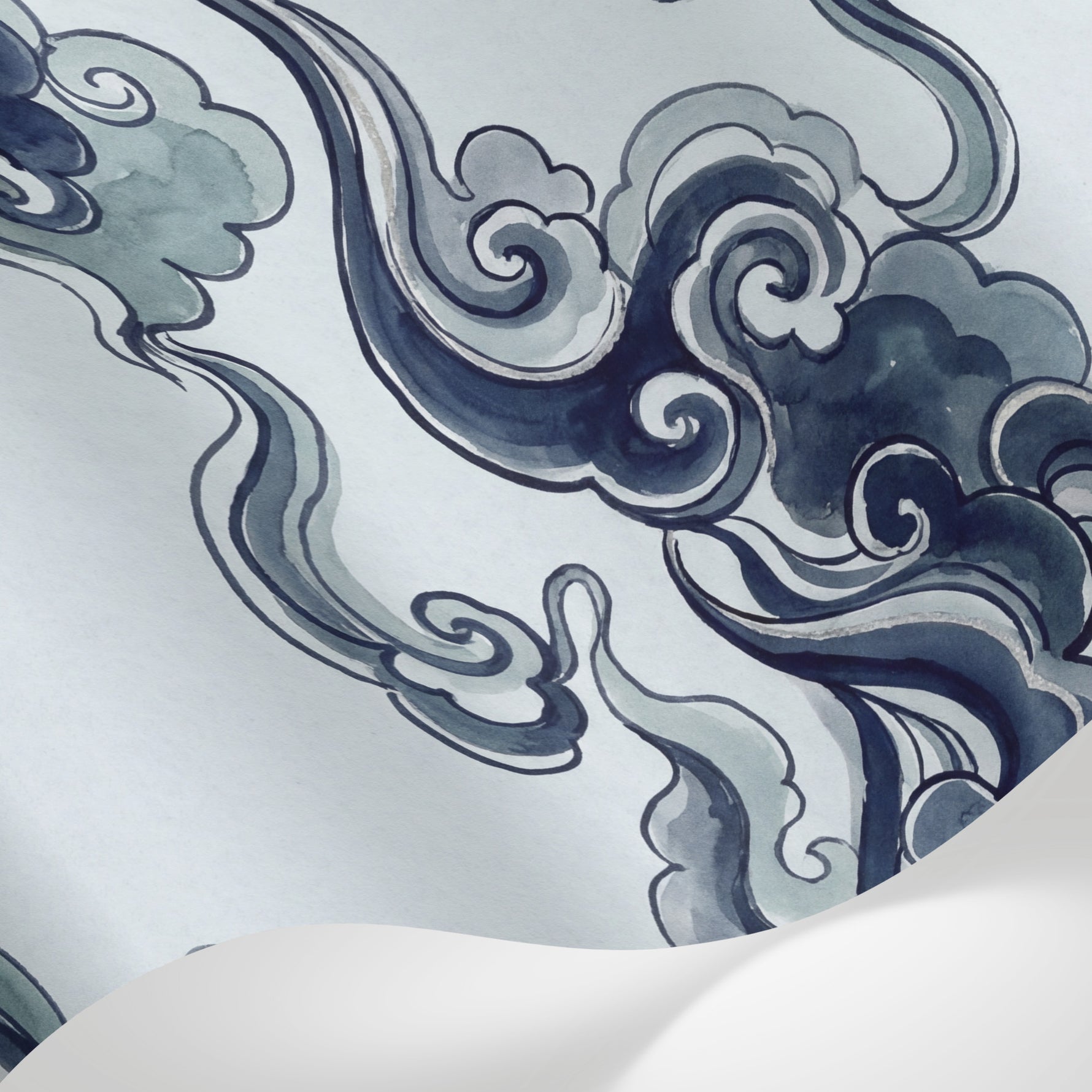 Papier peint panoramique vagues japonaises - Nuages stylisés tourbillonnants bleu marine gris et blanc sur mesure - Matière