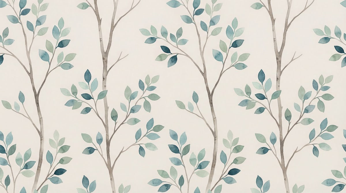 Papier peint panoramique feuillage - Branches délicates feuillage ovale tons beige crème et vert sauge sur mesure - Design