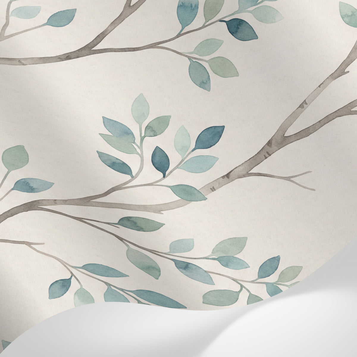 Papier peint panoramique feuillage - Branches délicates feuillage ovale tons beige crème et vert sauge sur mesure - Matière