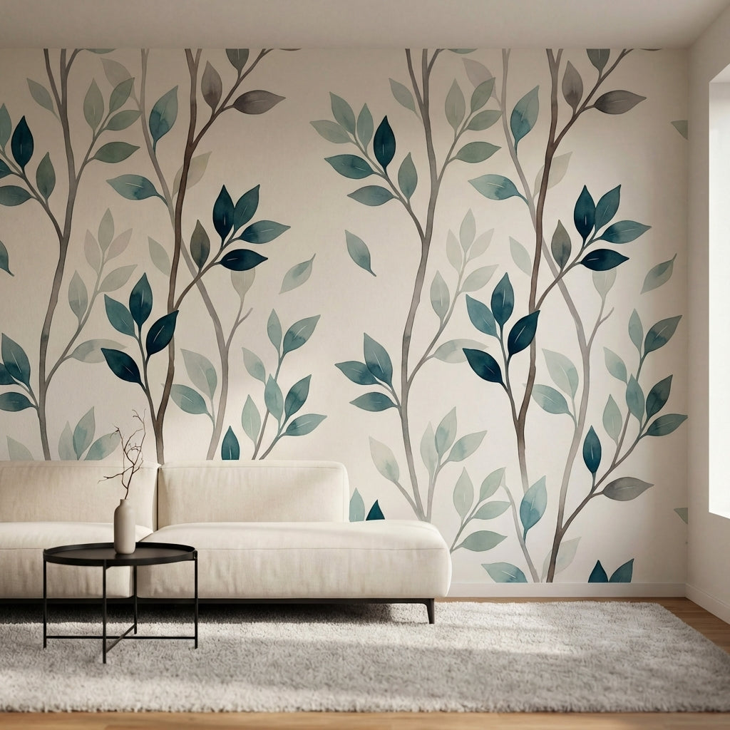 papier peint vegetal vert branches feuillage stylise repetitif tons vert sauge b-3