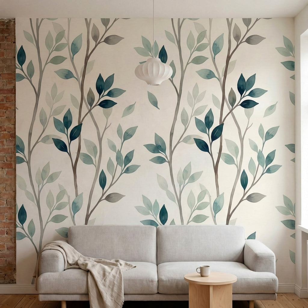 papier peint vegetal vert branches feuillage stylise repetitif tons vert sauge b-4