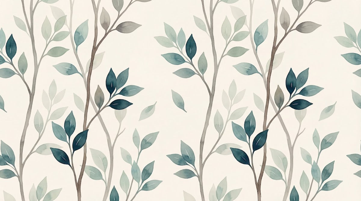 Papier peint panoramique feuillage - Branches feuillage stylisé répétitif tons vert sauge bleu canard fond beige sur mesure - Design