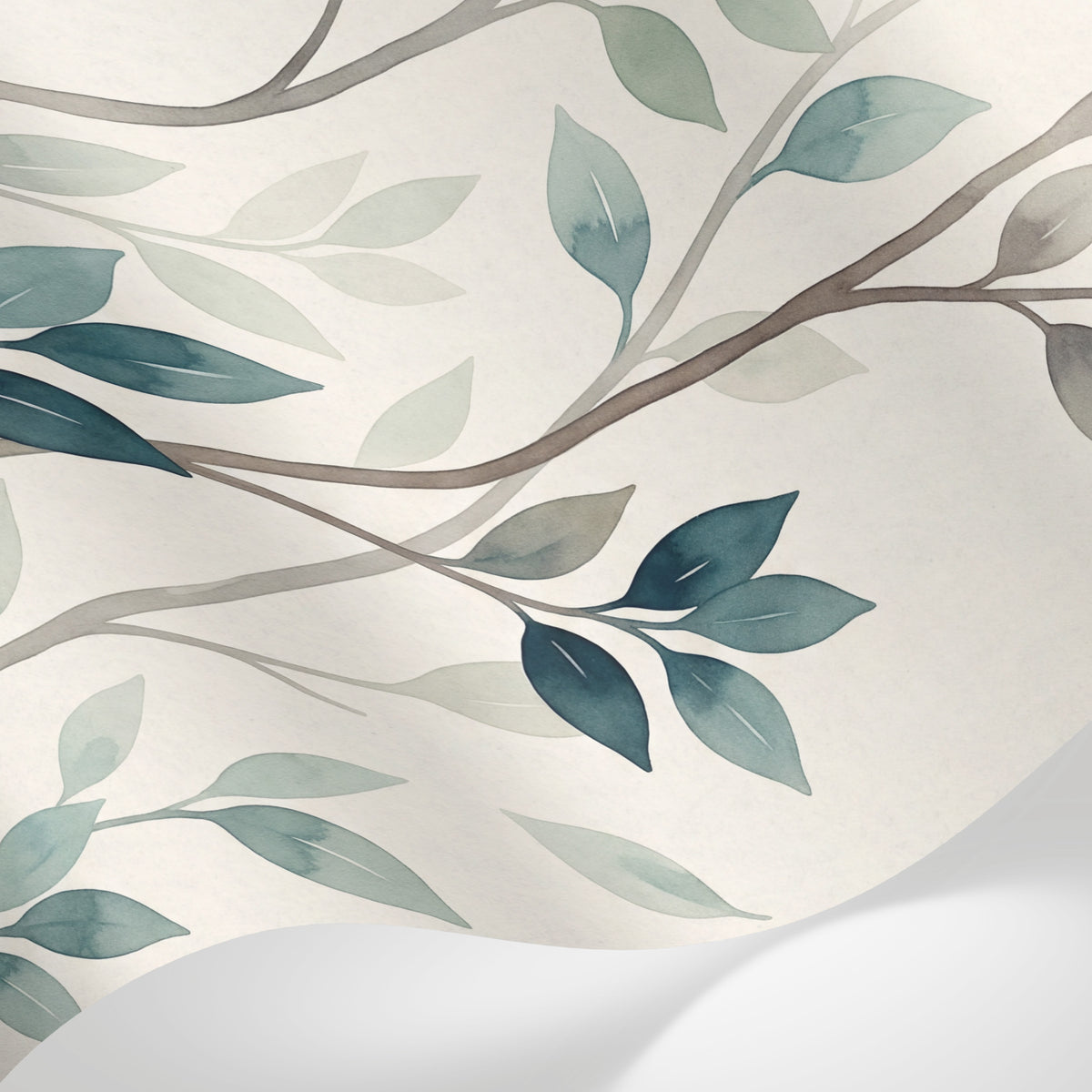 Papier peint panoramique feuillage - Branches feuillage stylisé répétitif tons vert sauge bleu canard fond beige sur mesure - Matière
