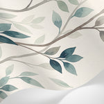 Papier peint panoramique feuillage - Branches feuillage stylisé répétitif tons vert sauge bleu canard fond beige sur mesure - Matière