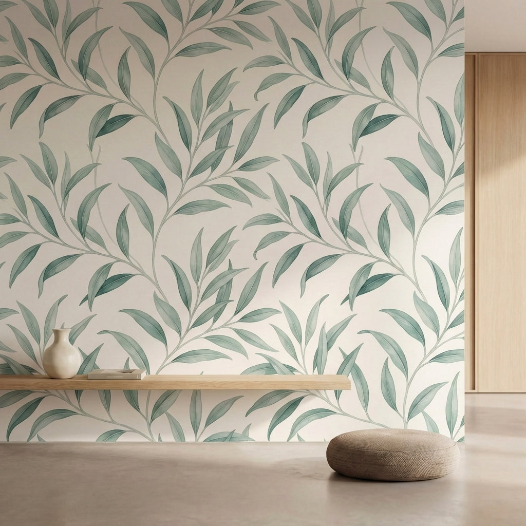 papier peint vegetal vert feuillage lanceole branches ondulantes tons vert sauge-1