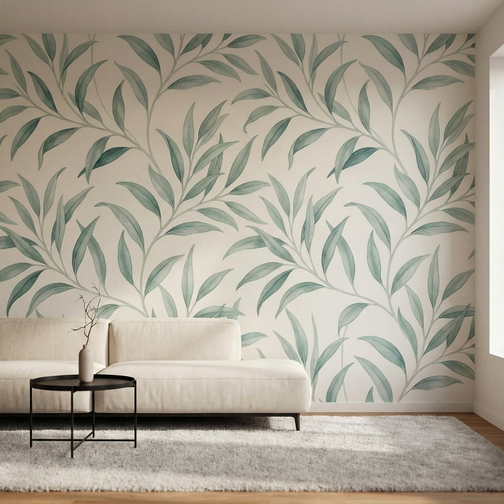 papier peint vegetal vert feuillage lanceole branches ondulantes tons vert sauge-2
