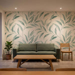 papier peint vegetal vert feuillage lanceole branches ondulantes tons vert sauge-6