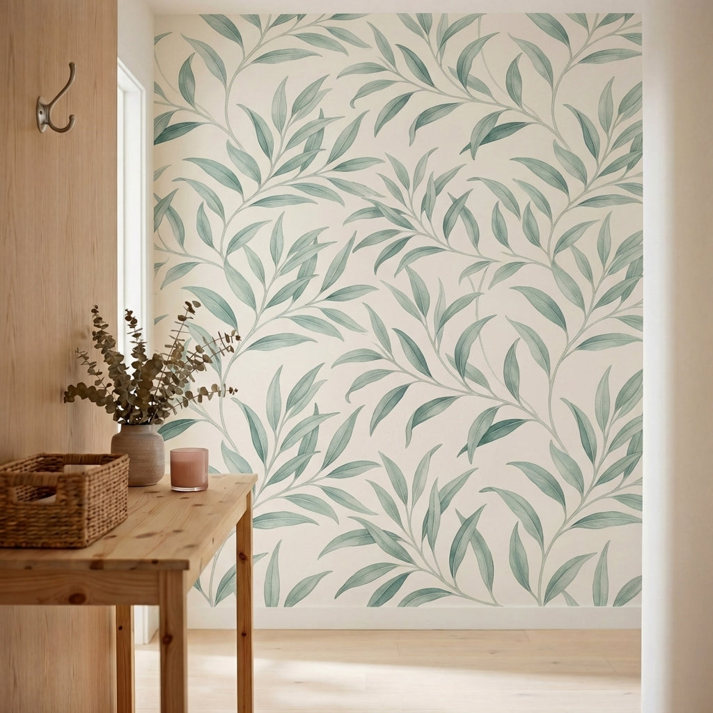 papier peint vegetal vert feuillage lanceole branches ondulantes tons vert sauge-VARIANTE-10
