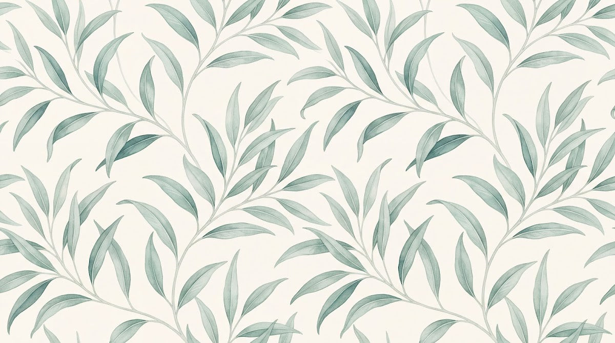 Papier peint panoramique feuillage - Feuillage lancéolé branches ondulantes tons vert sauge et beige crème sur mesure - Design
