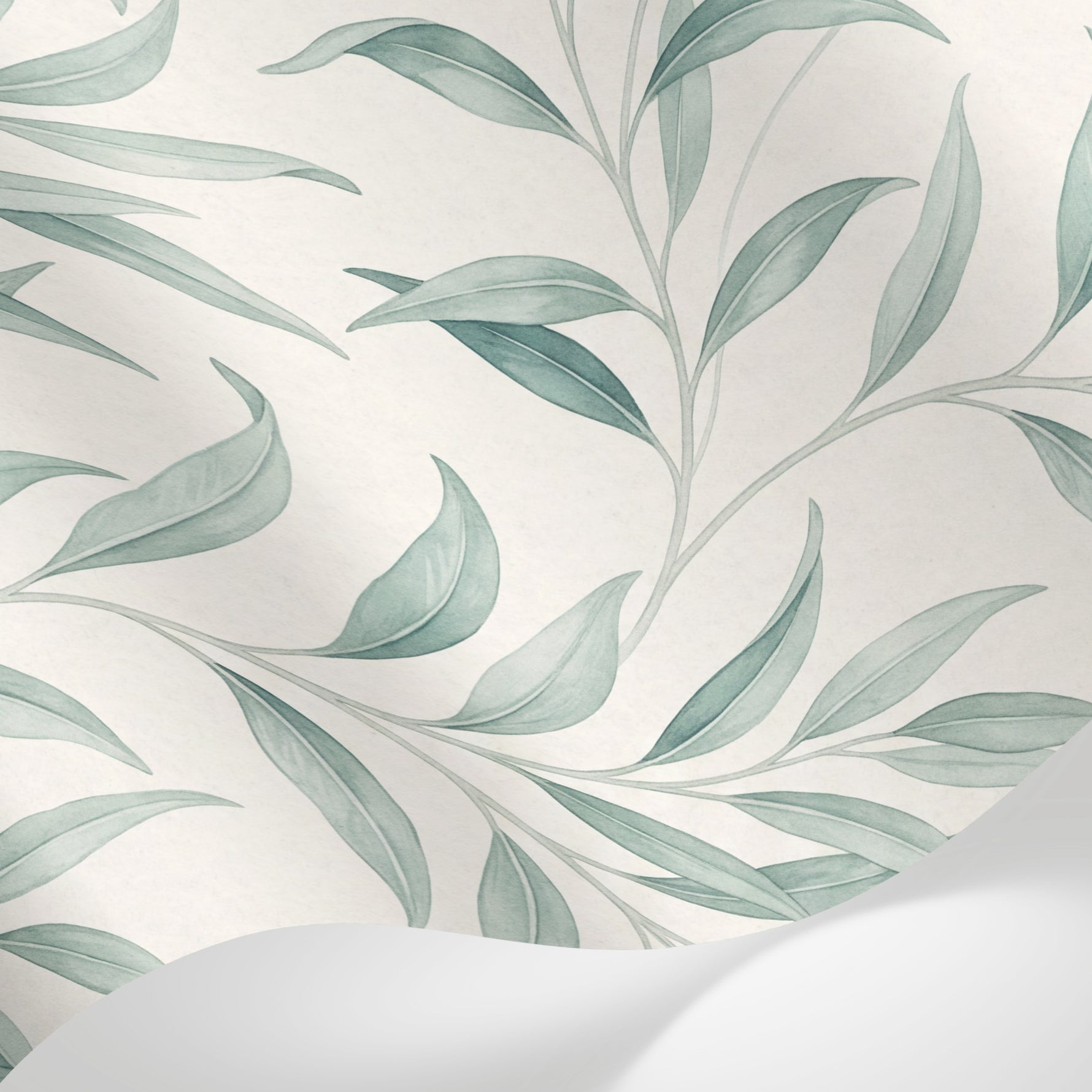 Papier peint panoramique feuillage - Feuillage lancéolé branches ondulantes tons vert sauge et beige crème sur mesure - Matière