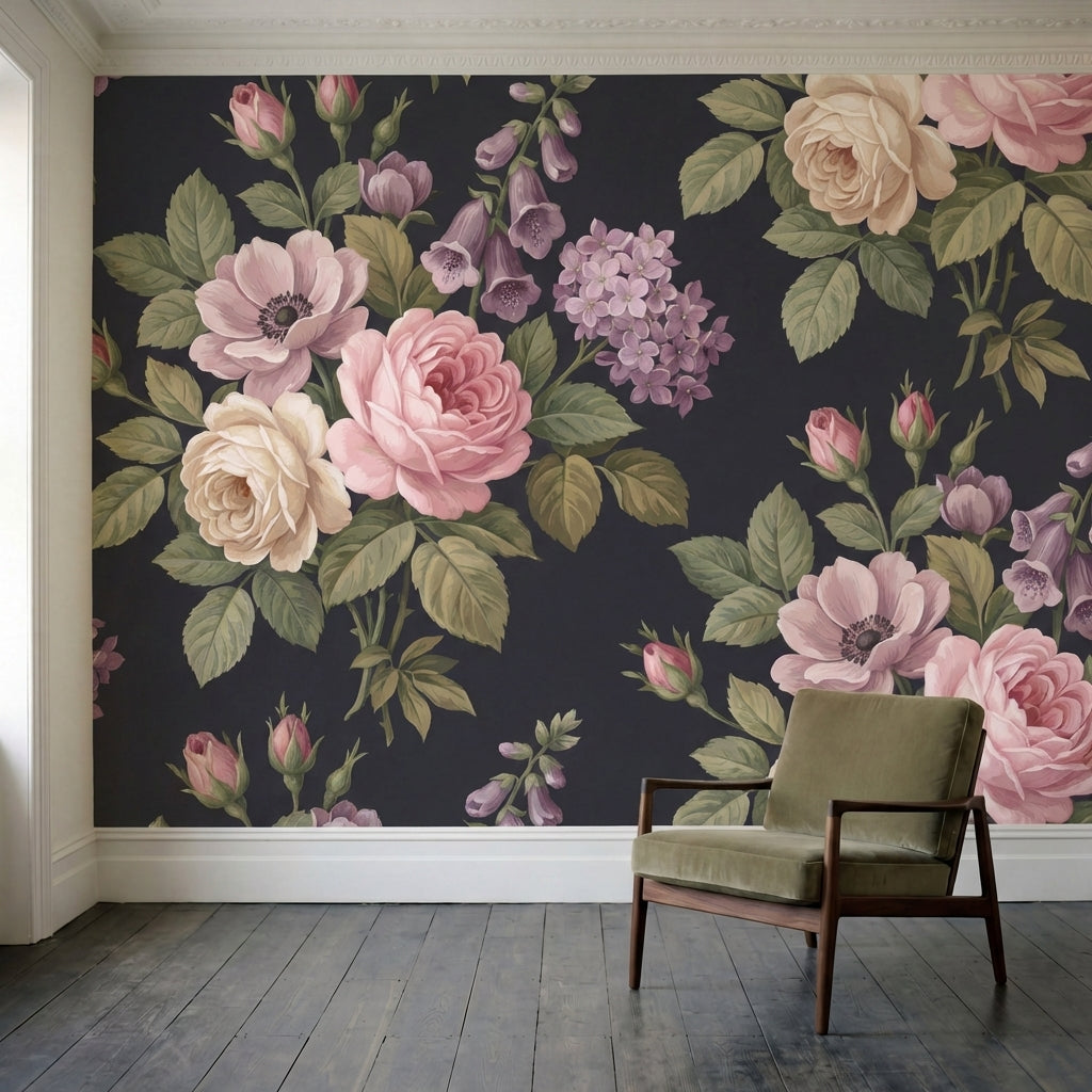 papier peint vintage fleuri roses pivoines hortensia motifs repetitifs fond noir-3