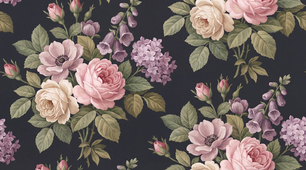 Papier peint panoramique vintage fleuri - Roses pivoines hortensia motifs répétitifs fond noir et accents roses sur mesure - Design
