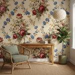 papier peint vintage fleurs bouquets roses pivoines bleuets fond creme champagne-VARIANTE-7